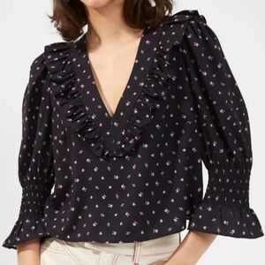 French Connection Blue Ruffled 3/4 Sleeve Blouse